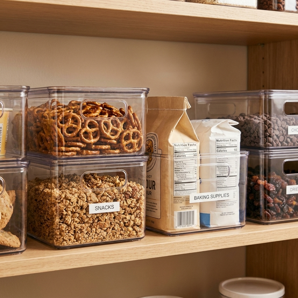 A pantry shelf with a few clear bins holding snacks and baking supplies.