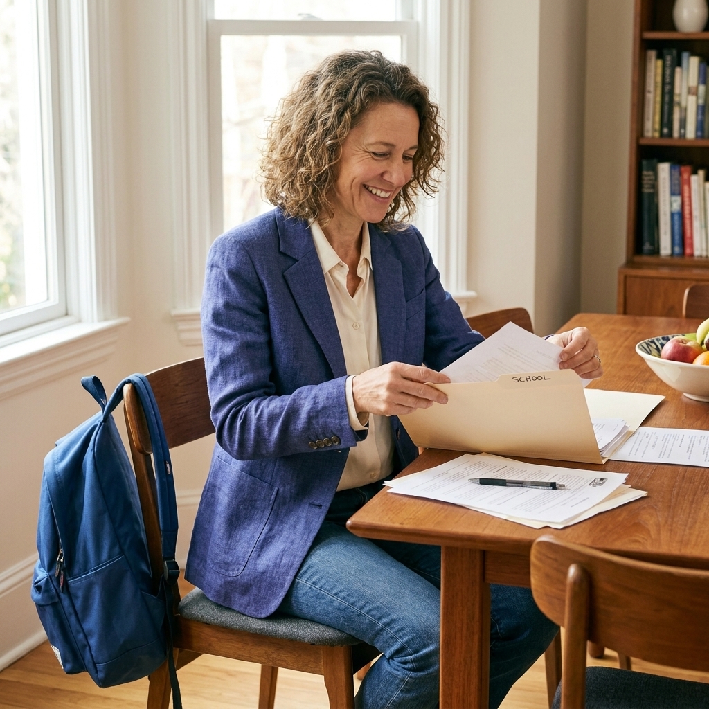 A parent at a dining table placing school worksheets into a labeled folder while a child backpack rests on a nearby chair