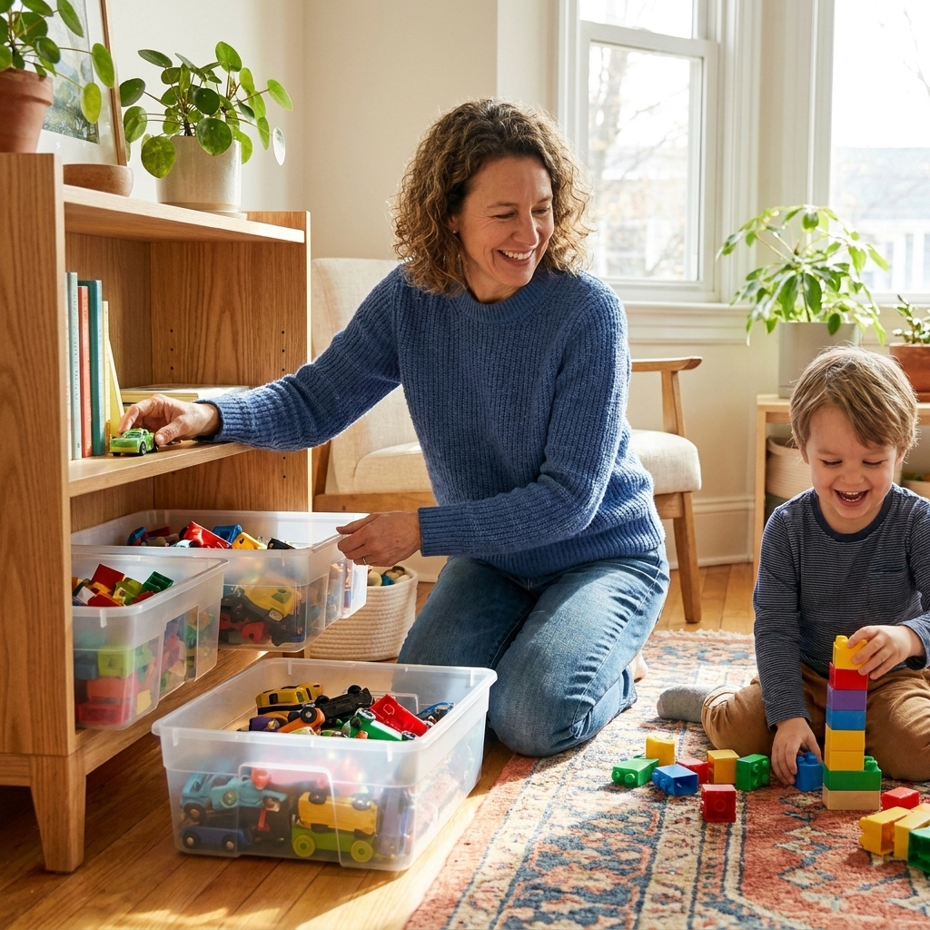 A parent organizing children's toys into clear storage bins on a living room shelf while a child plays nearby