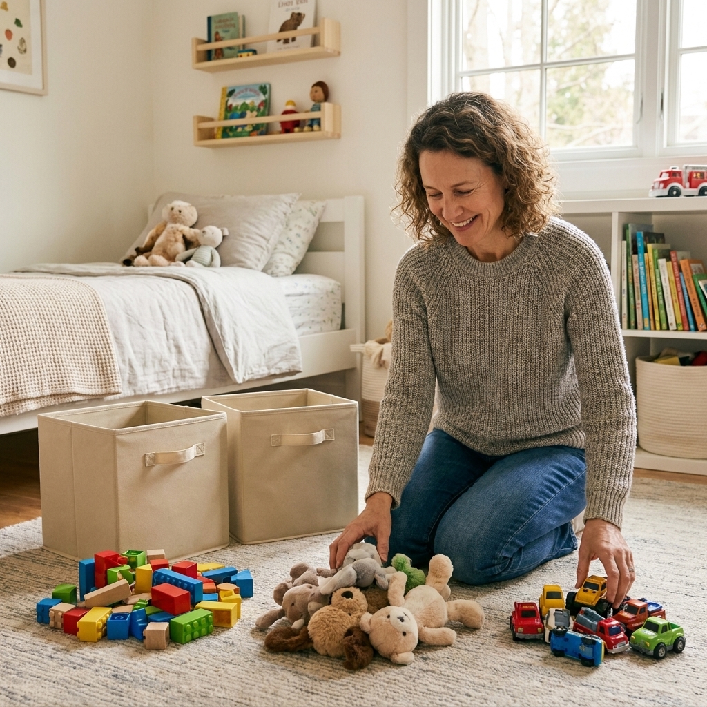 A parent sorting children’s toys into three piles on the floor beside a couple of simple storage bins in a child’s bedroom