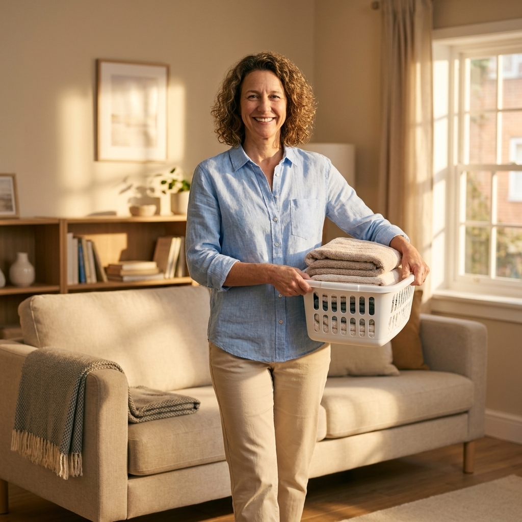 A person carrying a small laundry basket through a tidy living room on a sunny afternoon, showing a calm weekly reset routine