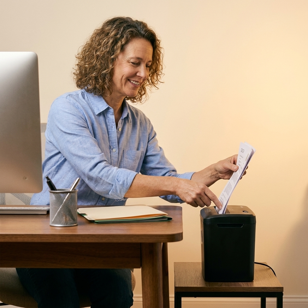A person feeding a small stack of personal paperwork into a compact home paper shredder beside a desk