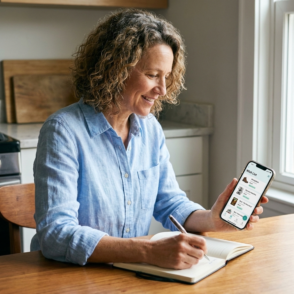 A person holding a phone showing a digital wish list while sitting at a kitchen table with a notebook and pen