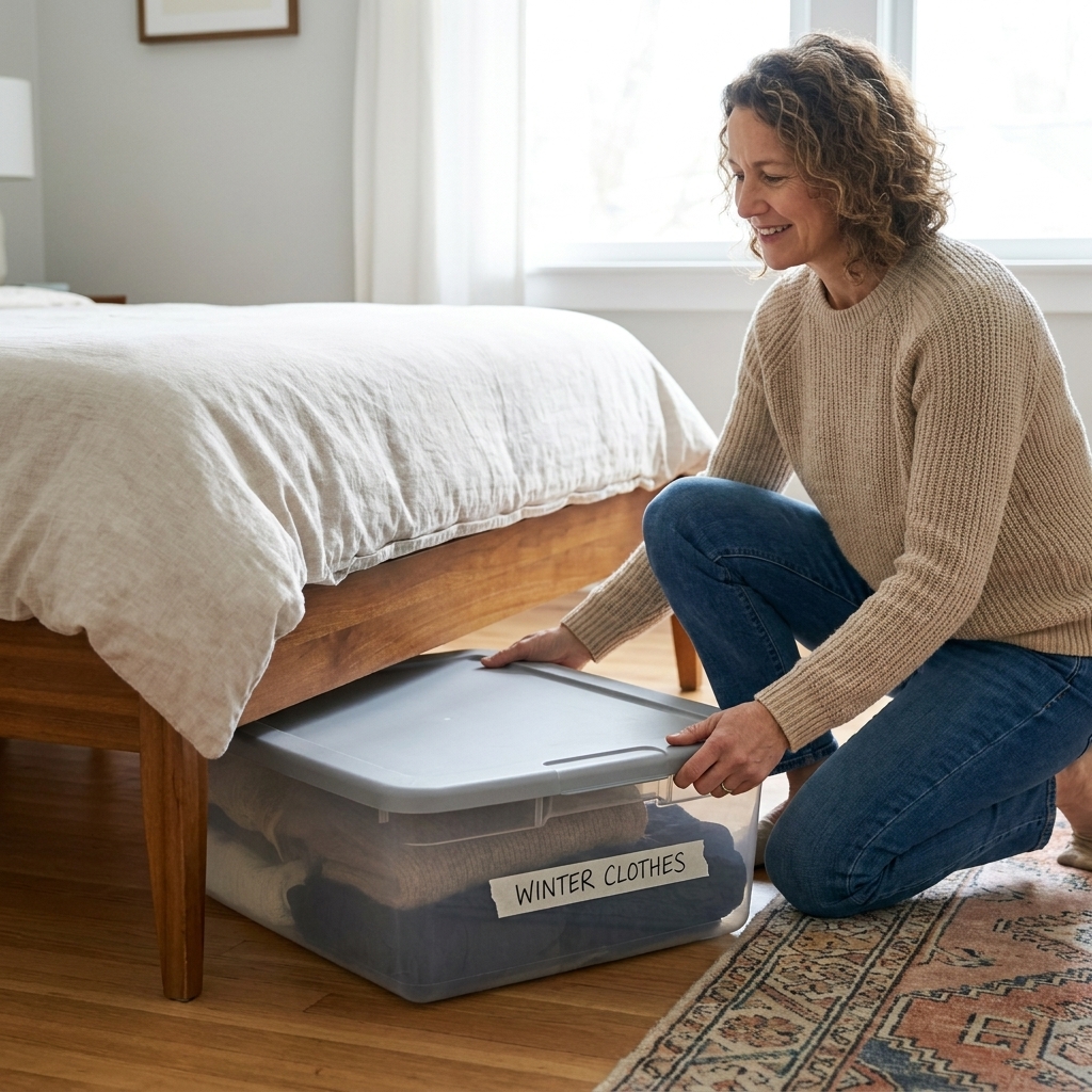A person kneeling beside a bed pulling out a lidded under-bed storage bin with a simple handwritten label on the front