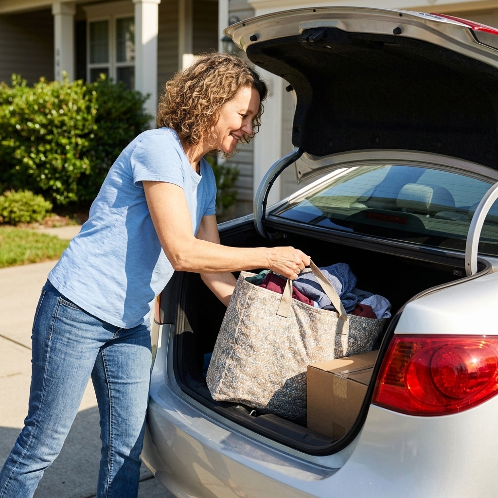 A person placing a filled donation bag and a small box into a car trunk on a sunny driveway