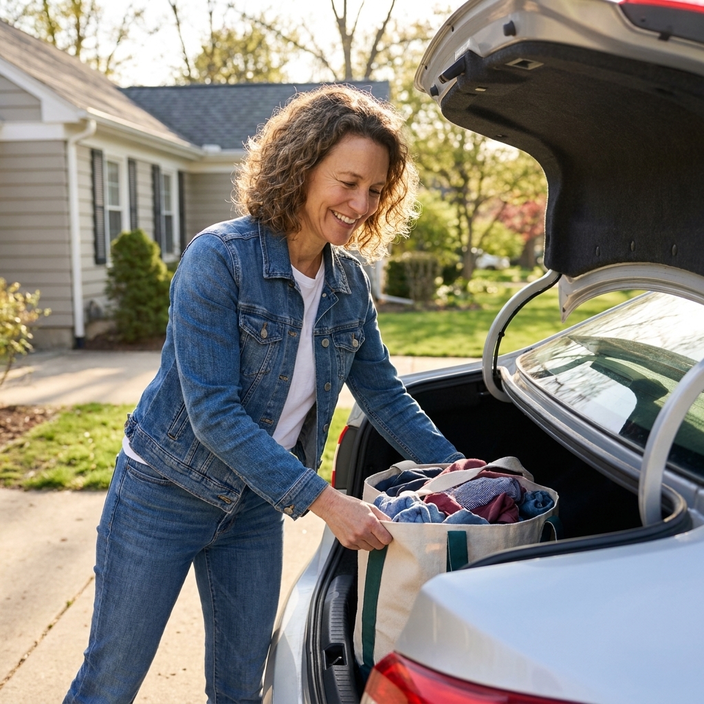 A person placing a full donation bag into the open trunk of a car in a driveway on a sunny afternoon
