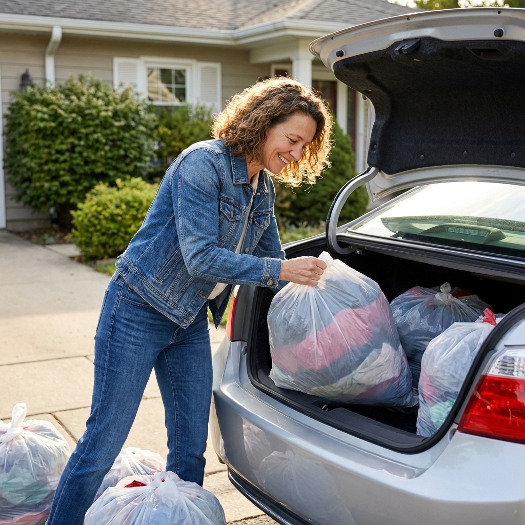A person placing donation bags into the trunk of a car in a driveway