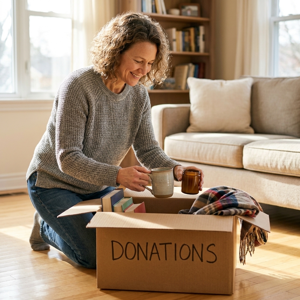 A person placing small household items like a candle and a mug into a cardboard donation box in a bright living room