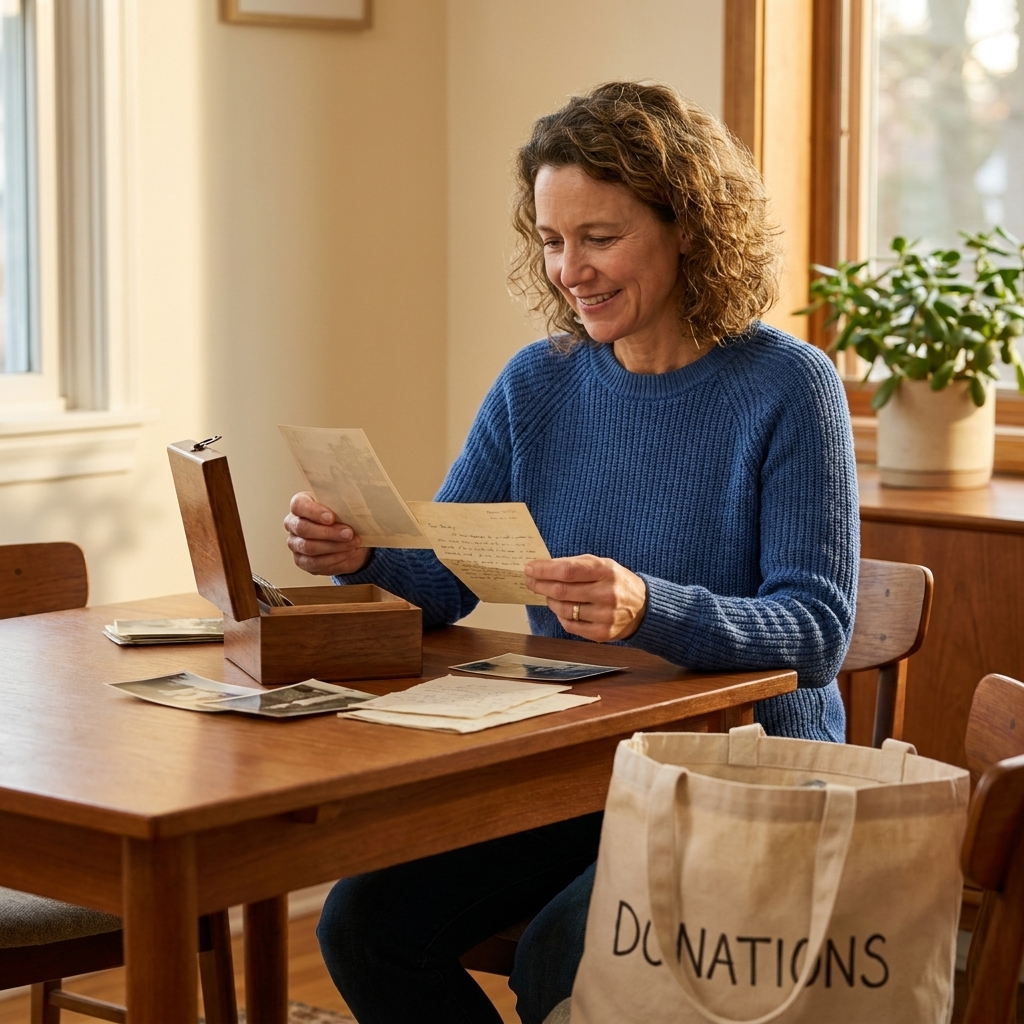 A person sitting at a dining table calmly sorting a small keepsake box with a few photos and letters, with a donation bag nearby