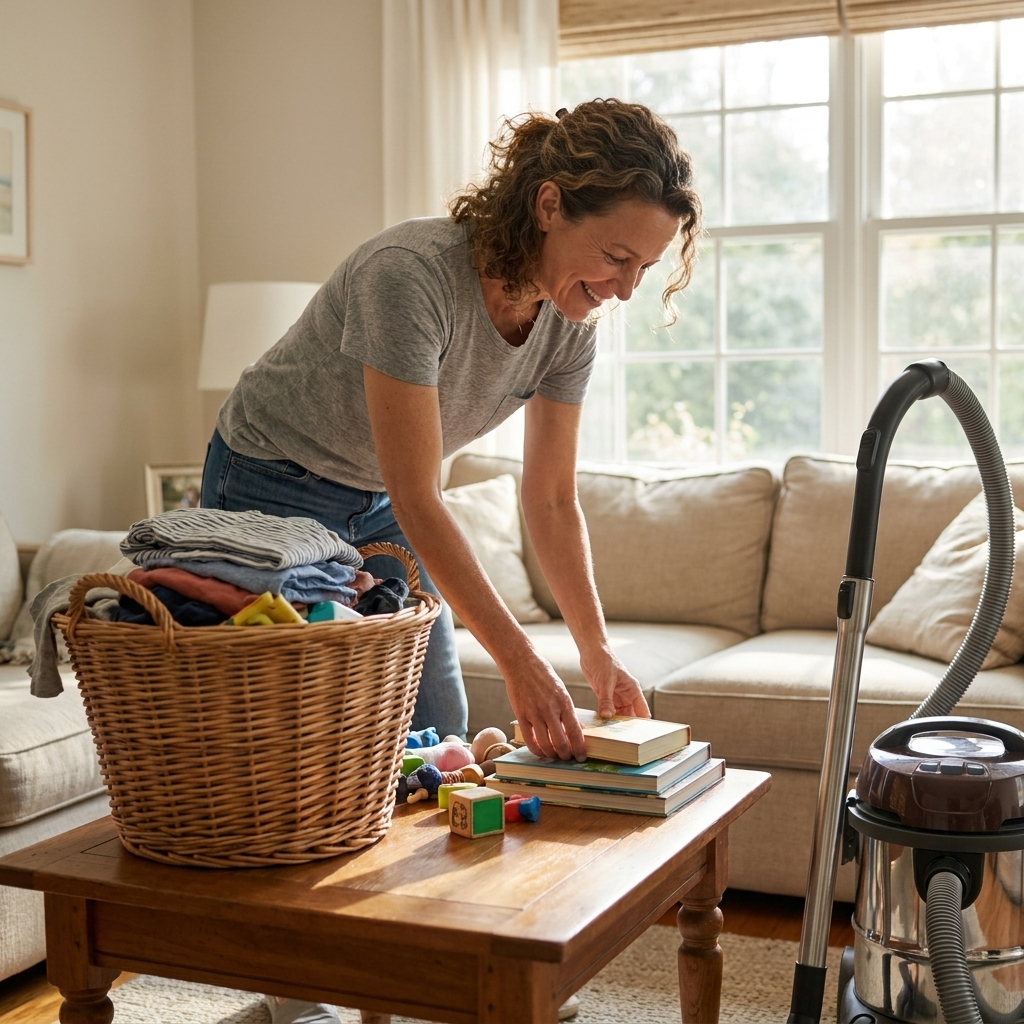 A person tidying a living room on a weekend afternoon with a laundry basket for items to return, a vacuum nearby, and a coffee table being cleared