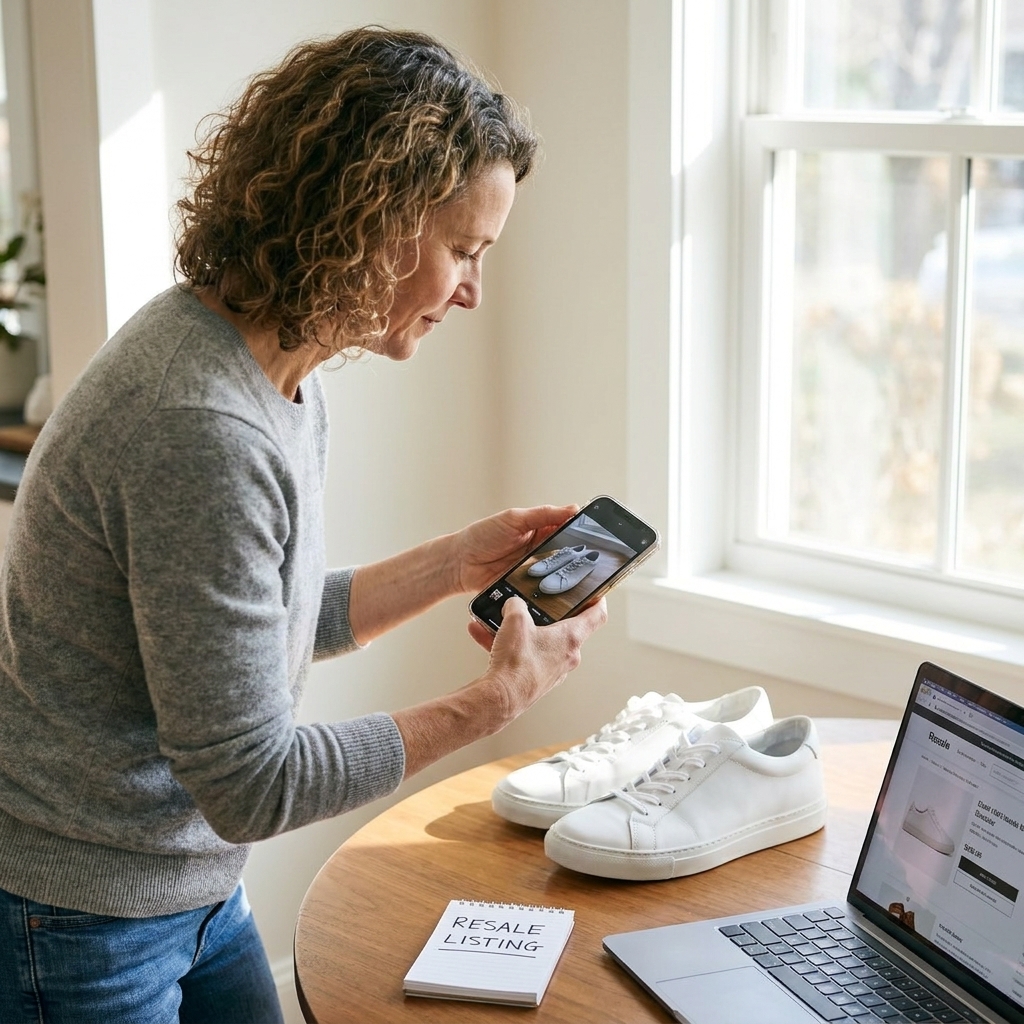 A person using a smartphone to photograph a clean pair of shoes on a simple table near a sunny window, preparing a resale listing