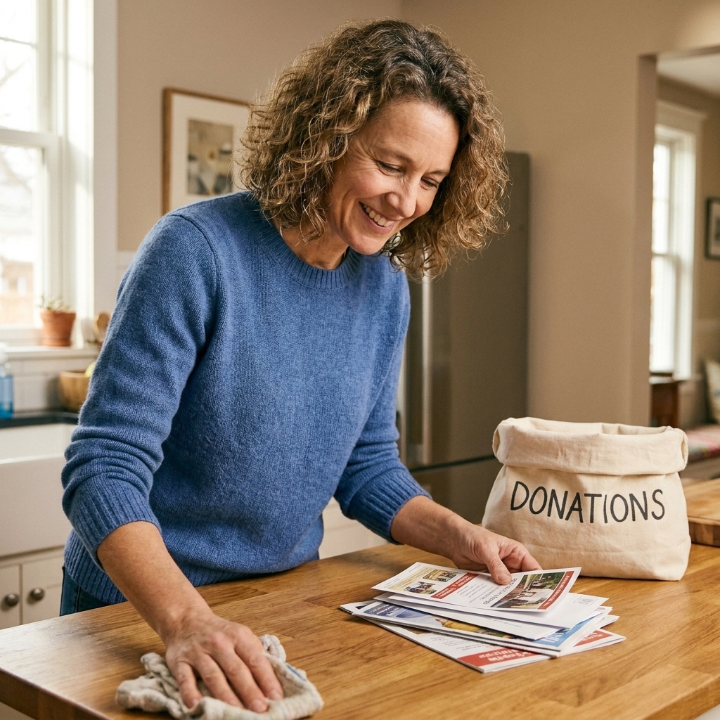 A person wipes down a kitchen counter while sorting a small stack of mail next to a donation bag.