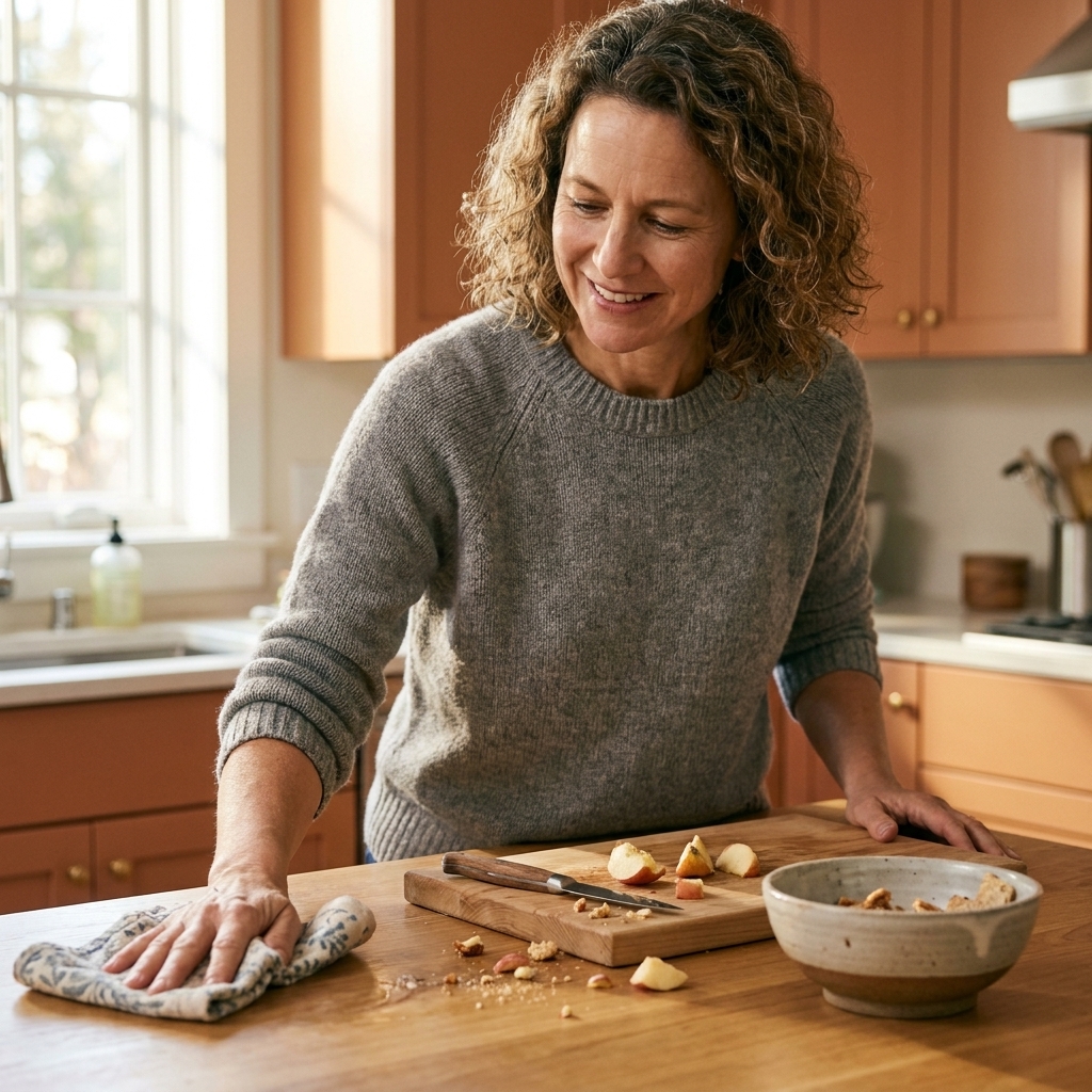 A person wiping a kitchen counter with a cloth next to a cutting board and a few crumbs, showing a quick post-snack cleanup