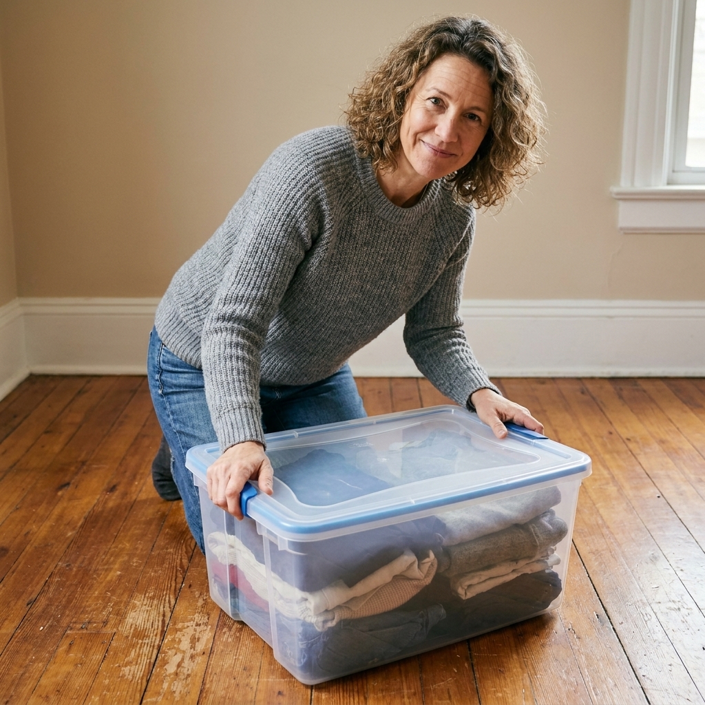 A plastic storage tote with a gasket-sealed lid being snapped shut on a wooden floor