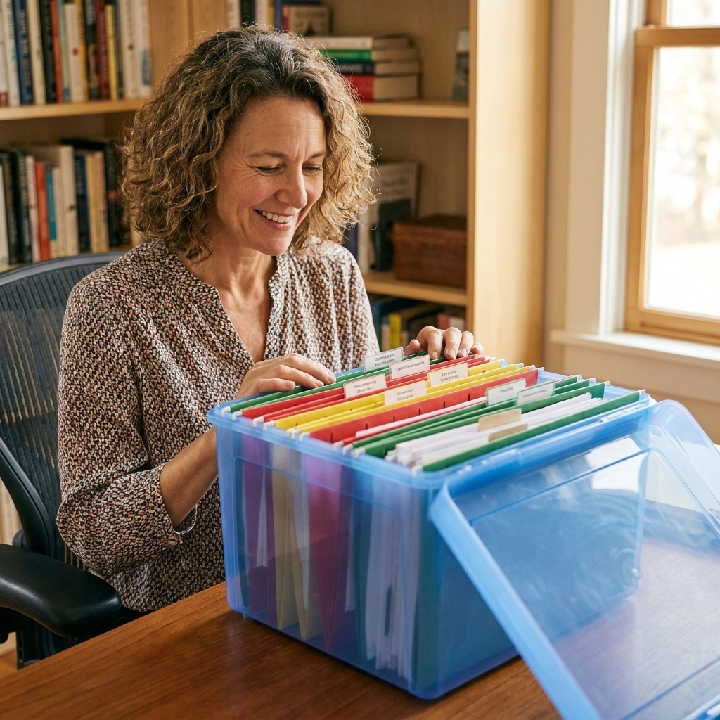 A portable plastic file box with hanging folders in a home office, partially open with neatly grouped documents inside