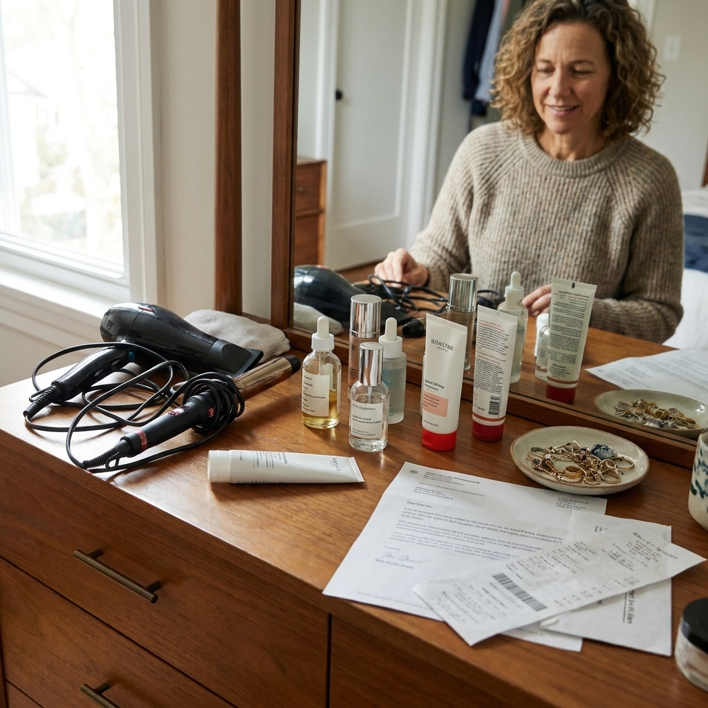 A primary bedroom dresser top with scattered skincare bottles, hair tools, jewelry, and loose papers creating visible clutter in a real home