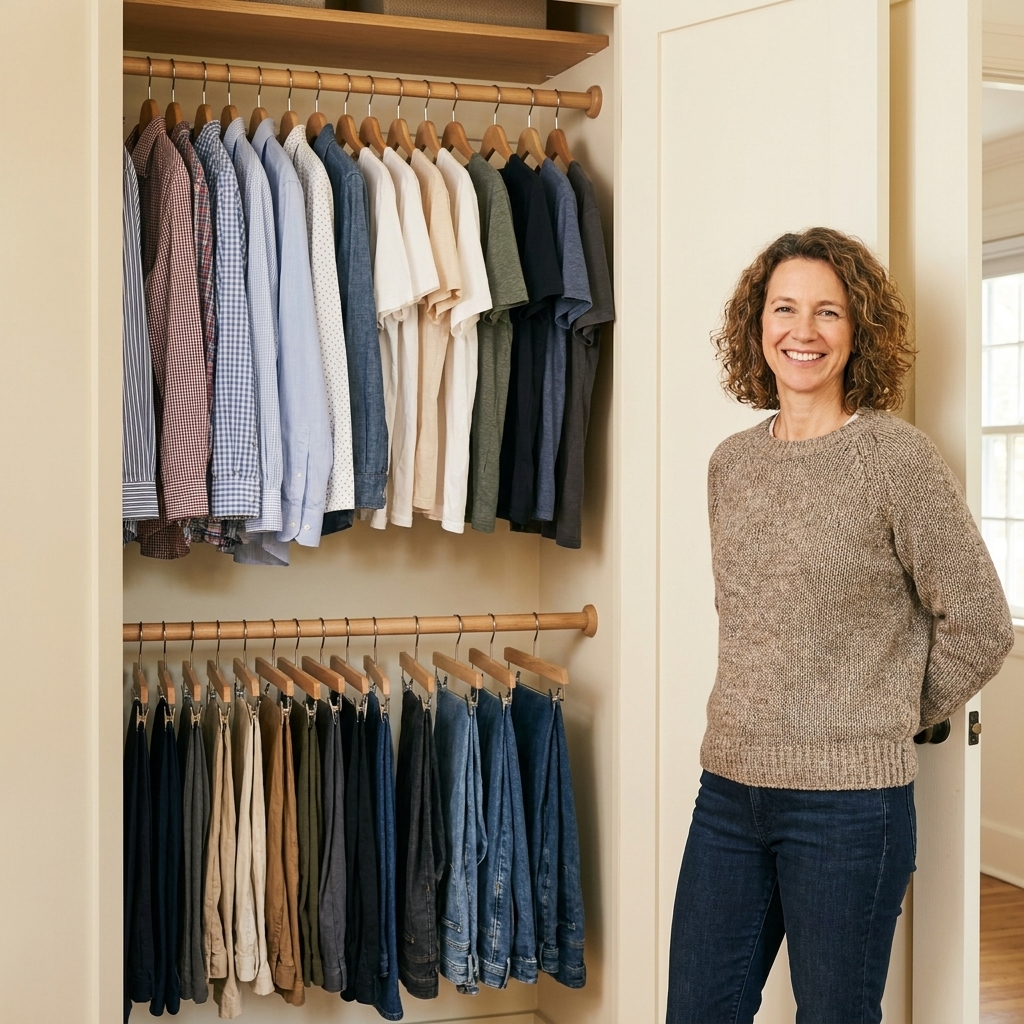 A reach-in closet interior showing a top and bottom hanging rod with shirts on the upper rod and pants on the lower rod, leaving a clear vertical gap between levels