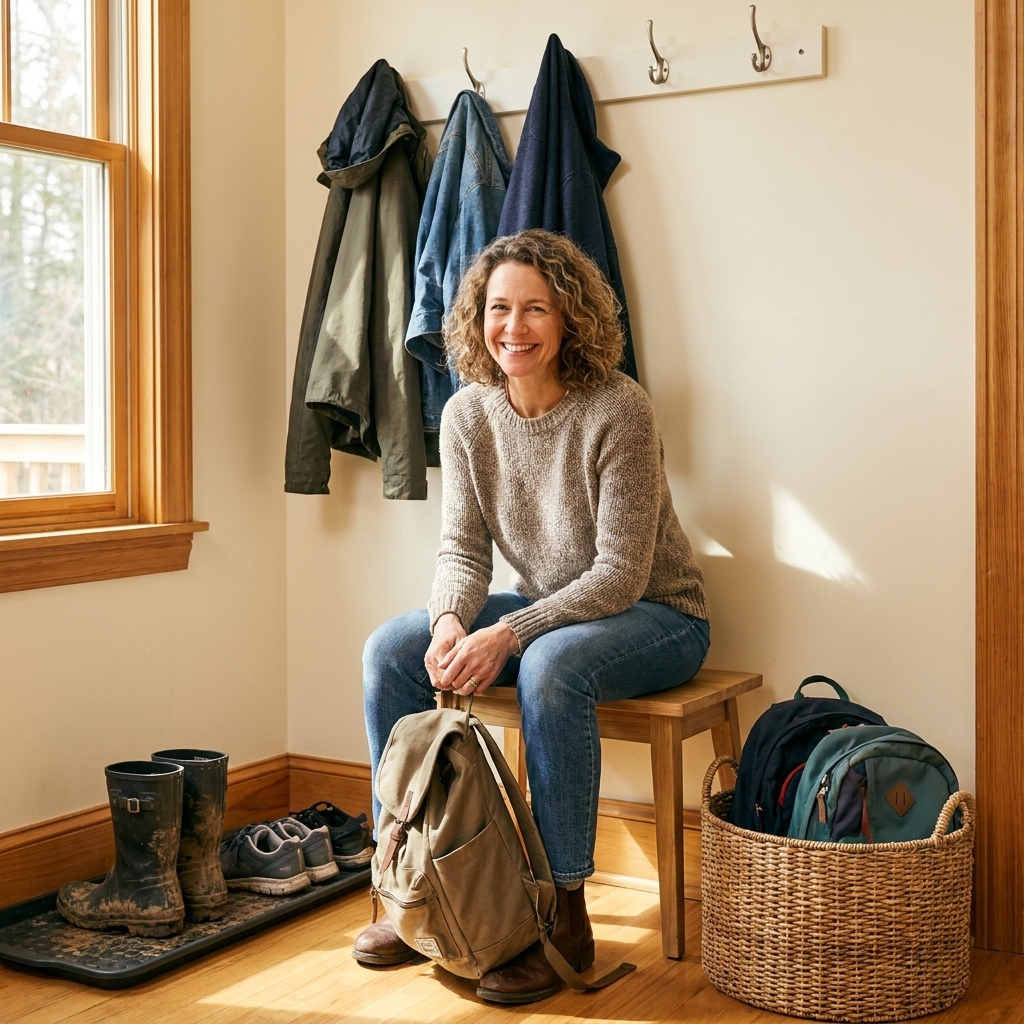 A real home entryway with a small bench, wall hooks holding jackets, a shoe tray on the floor, and a basket for backpacks in natural light.