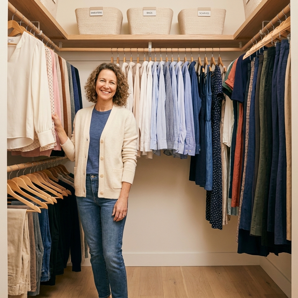 A real primary bedroom closet with clothing hung neatly, a few labeled bins on the top shelf, and clear floor space