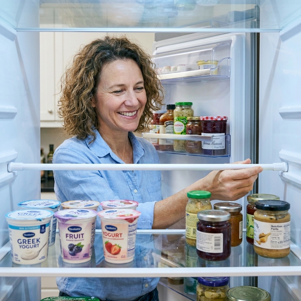 A refrigerator shelf with yogurt cups and small jars arranged behind a slim tension rod installed across the front edge to prevent items from sliding forward