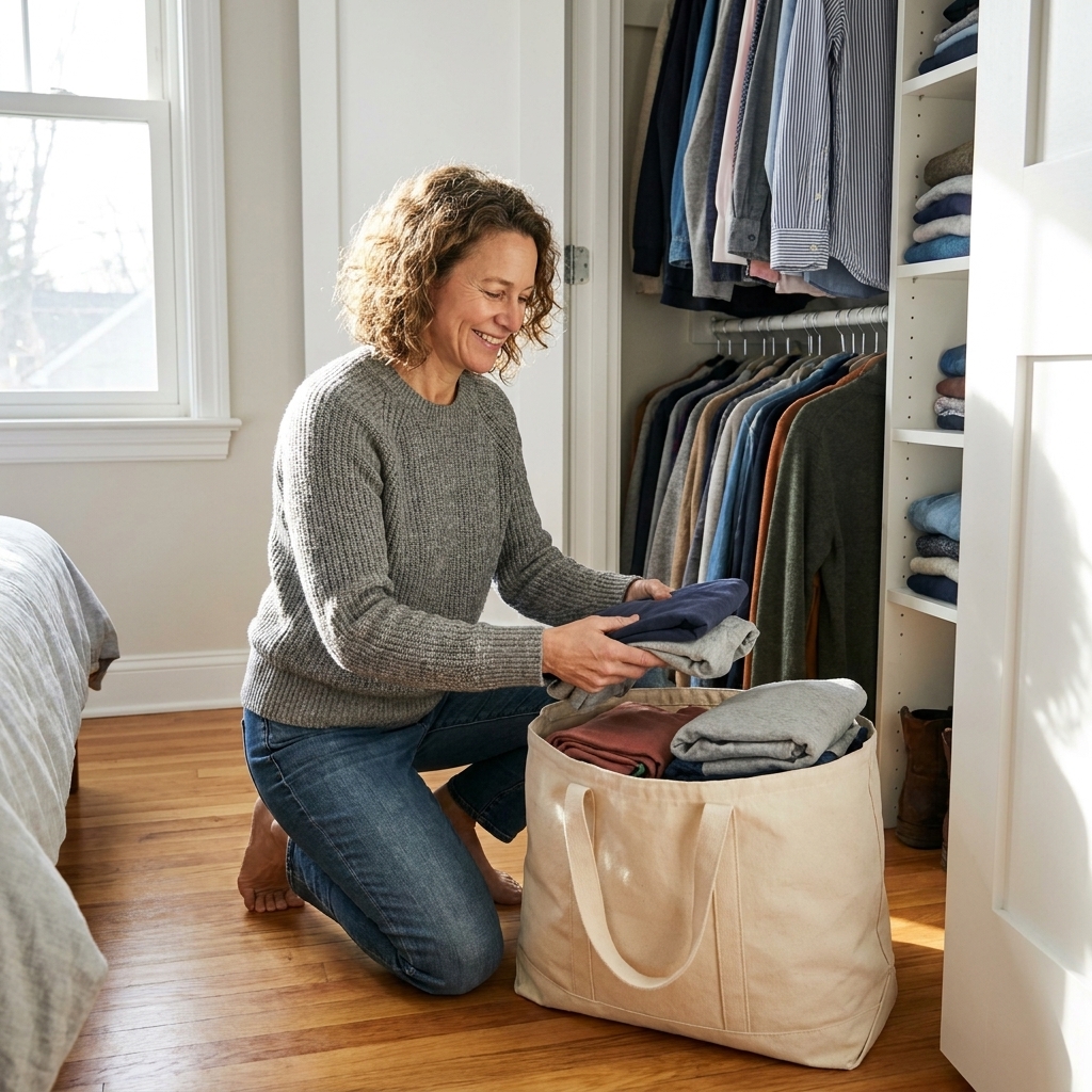 A reusable donation bag filled with folded clothing sitting on a bedroom floor next to an open closet.