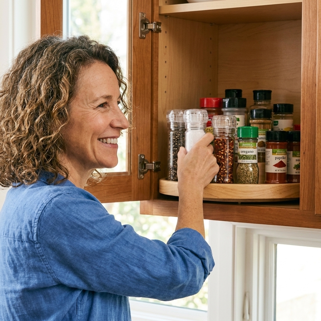 A round lazy Susan inside a kitchen cabinet holding spice grinders and seasoning bottles arranged upright