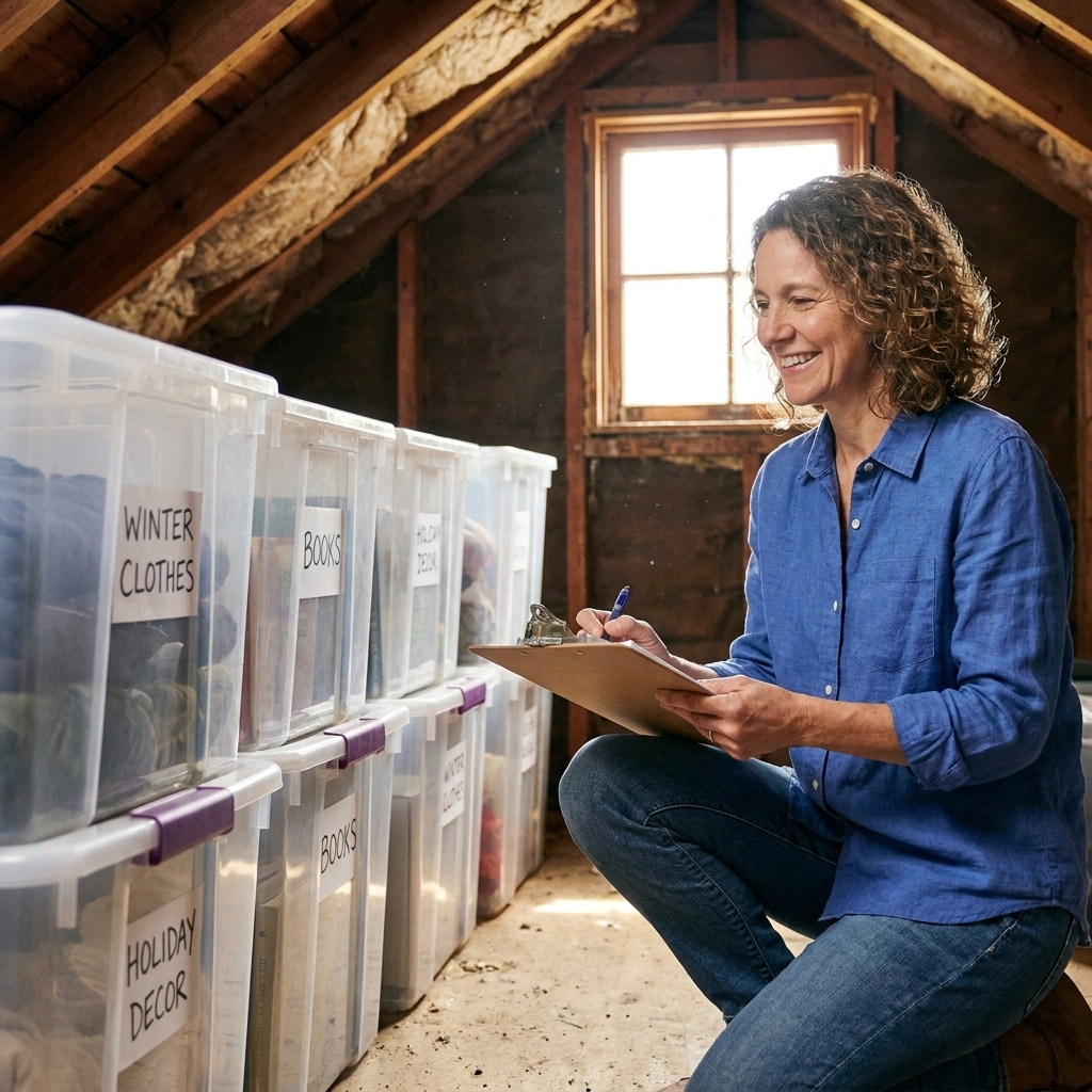 A row of clear plastic storage bins in an attic, each with simple printed labels on the front and side