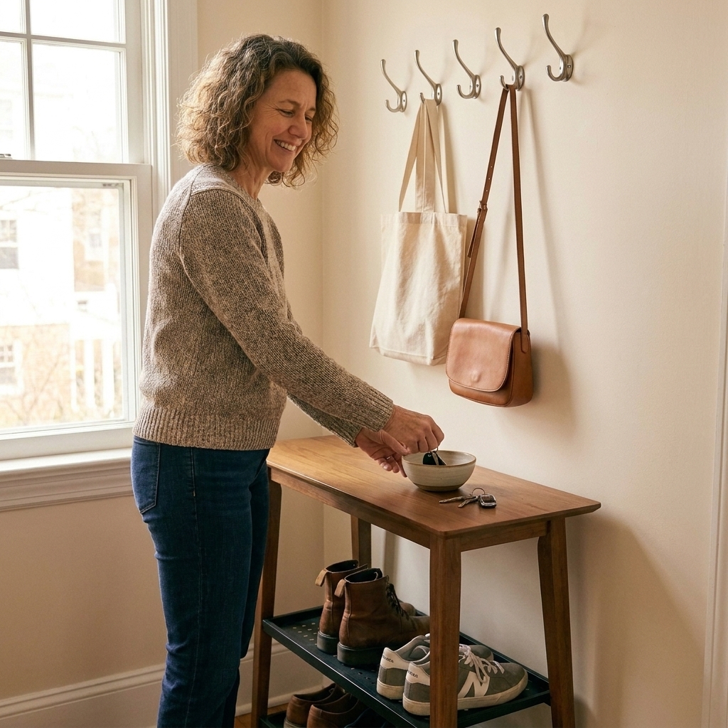 A simple entryway drop zone with a small bowl holding keys, hooks for bags, and a shoe tray below so daily items have a clear home