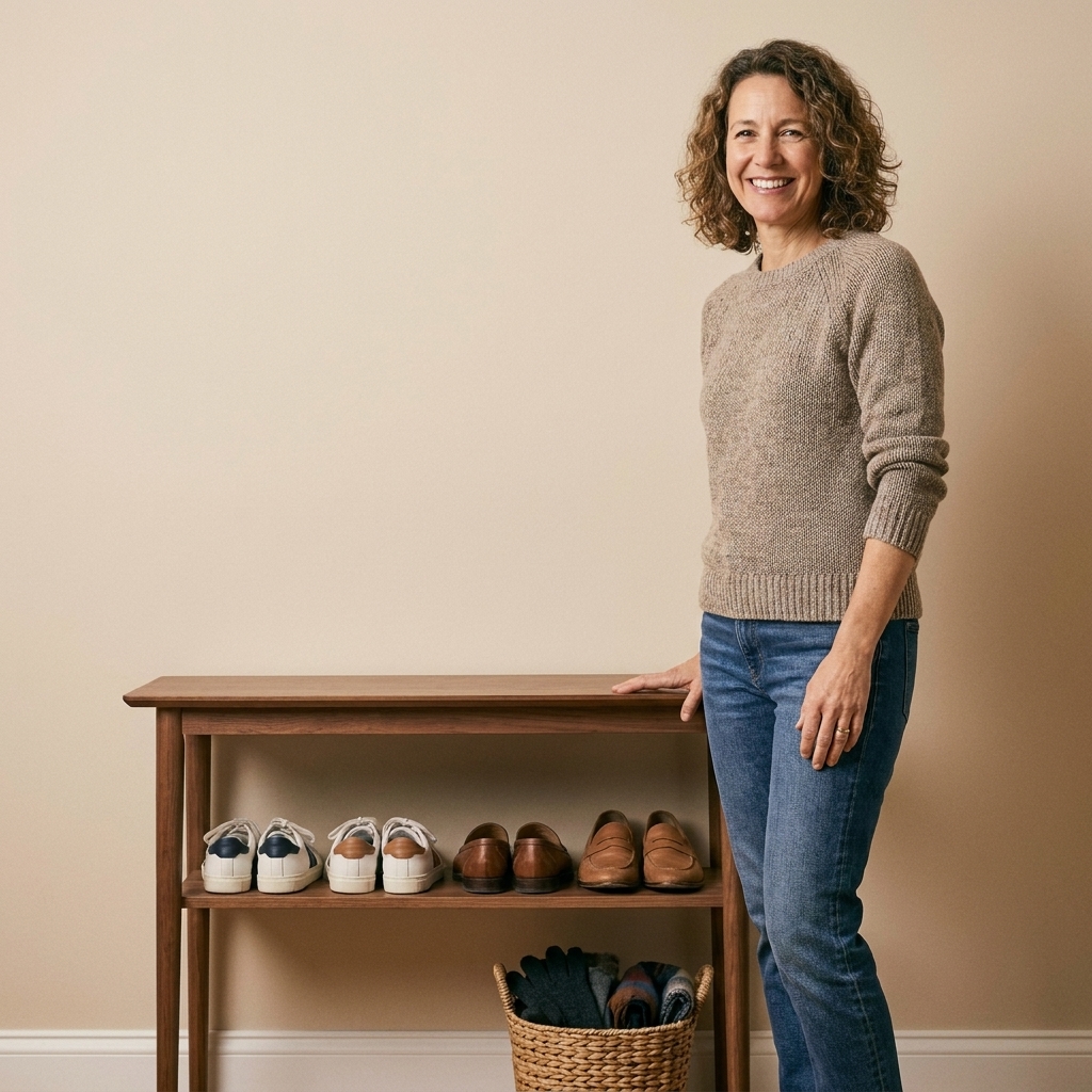 A slim entryway shoe bench with two rows of neatly placed shoes and a small basket underneath.