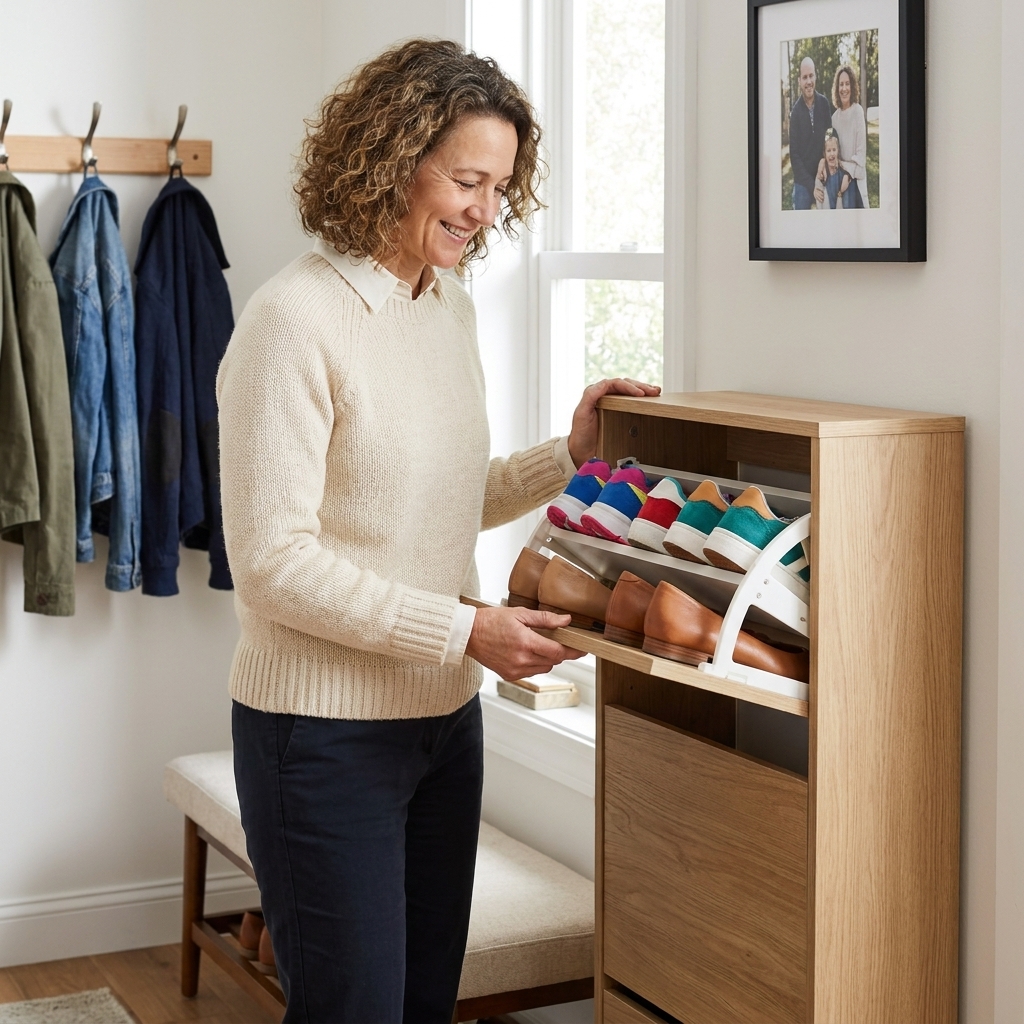 A slim tilt-out shoe cabinet in an entryway with one compartment open, showing sneakers and flats stored inside.