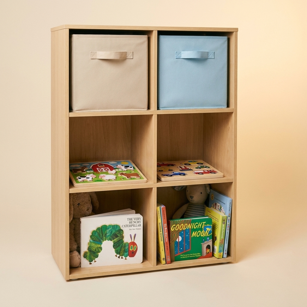 A small cubby shelf in a child’s room with a few fabric bins, a couple of puzzles, and books displayed facing outward