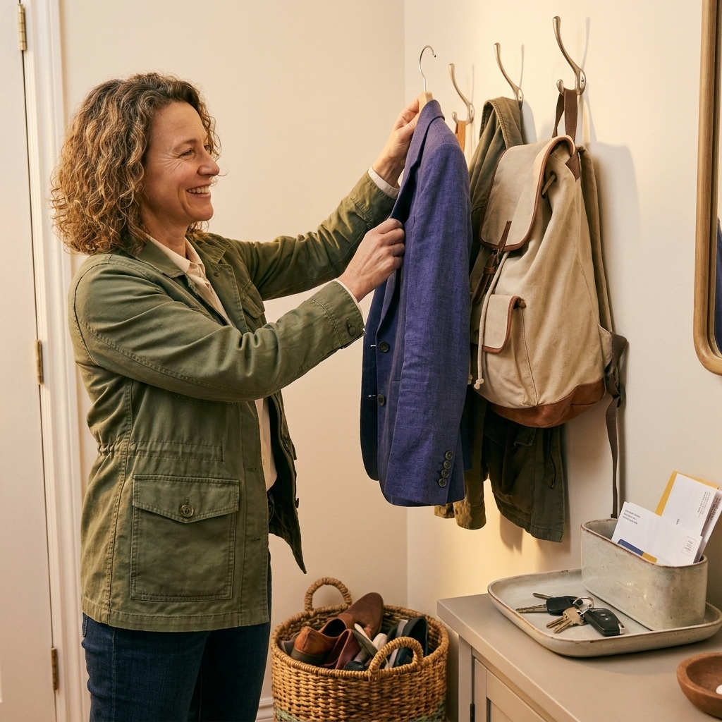A small entryway with wall hooks holding jackets and backpacks, a shoe basket on the floor, and a small tray on a console table for keys
