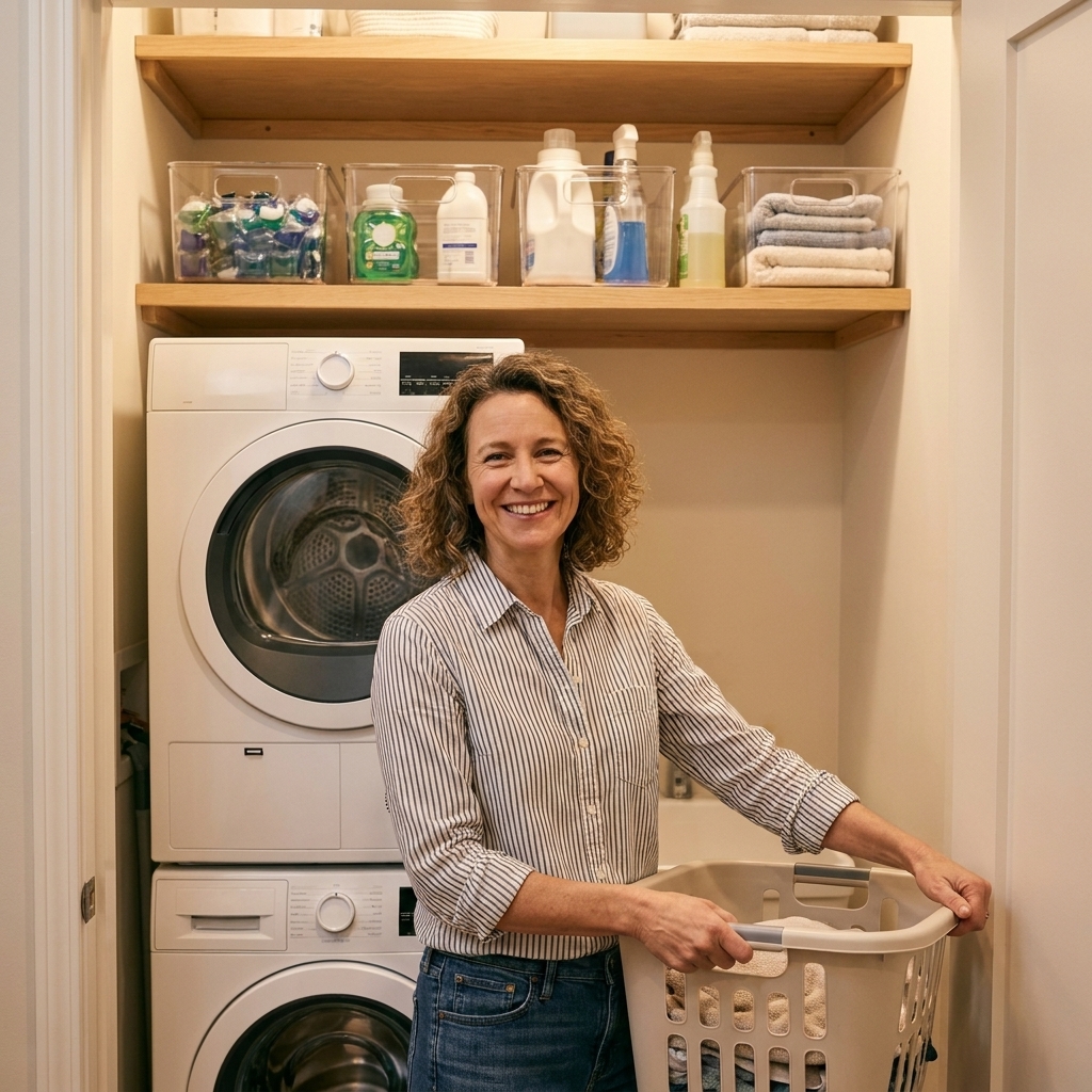 A small laundry closet with a stacked washer and dryer and two simple shelves above, holding clear bins for detergent and cleaning supplies