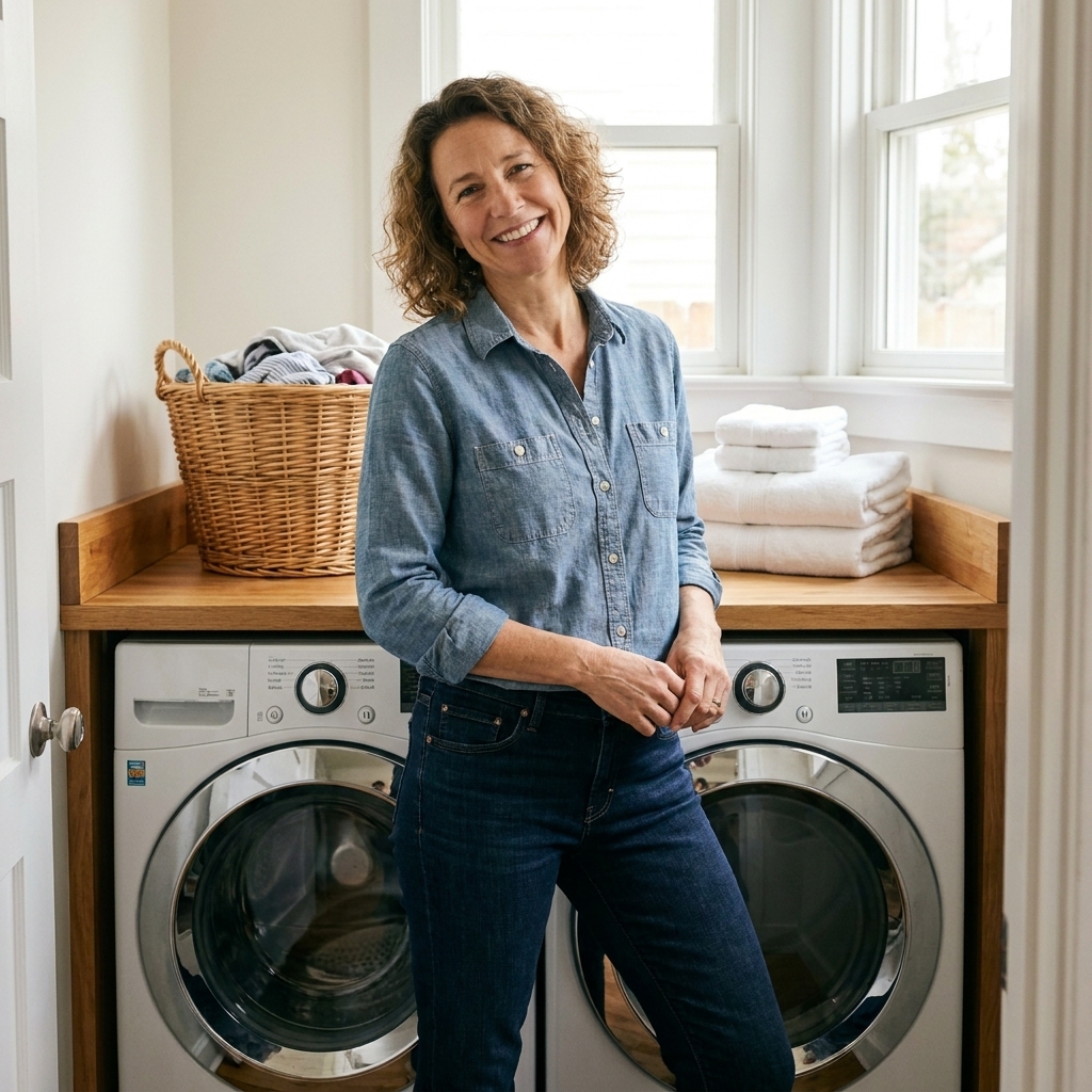 A small laundry room with a front-load washer and dryer and a wood countertop spanning across them, holding a single laundry basket and a neatly folded stack of towels