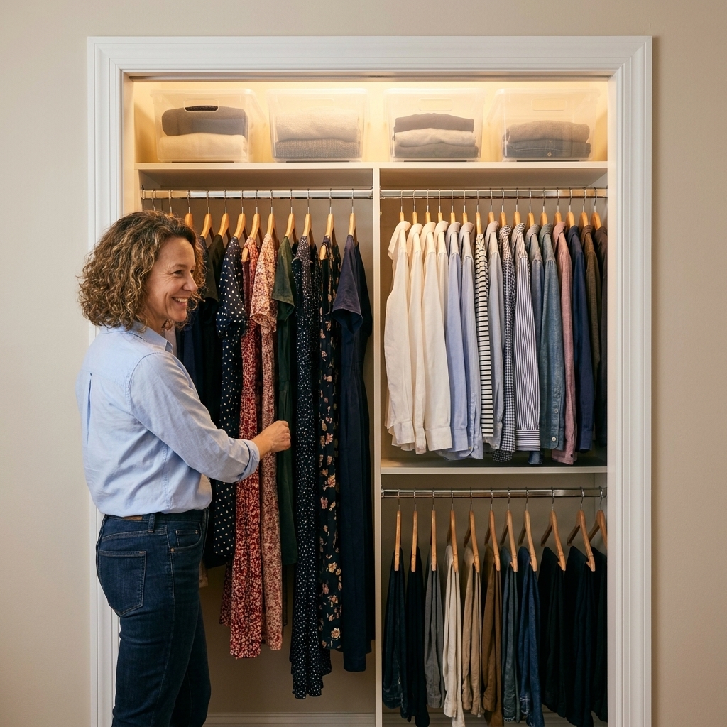 A small reach-in closet with one long-hang section for dresses, a double-hang section for shirts and pants, and clear bins on the top shelf