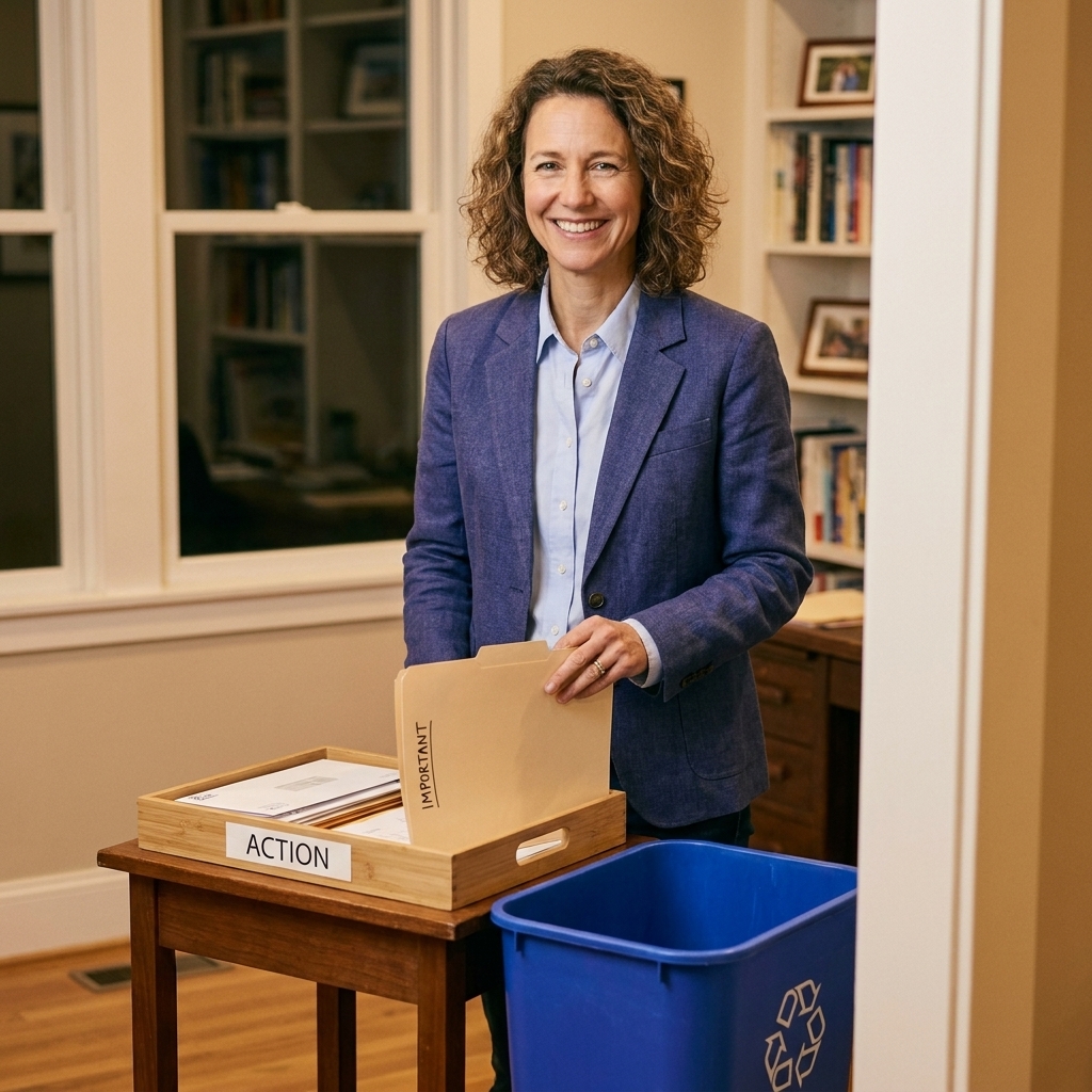 A small table with a simple mail sorting setup: a shallow tray for action items, a recycling bin nearby, and a single folder for important papers