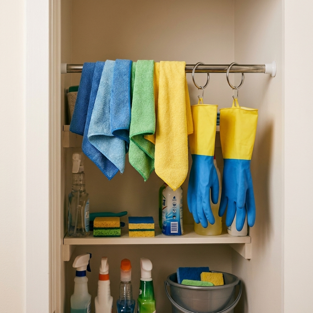 A small utility closet with a tension rod installed across the side walls, holding microfiber cleaning cloths draped over it and rubber gloves hanging from rings