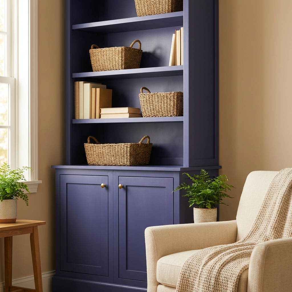 A tall bookcase in a living room with lower cabinet doors closed and a few neutral baskets on upper shelves, creating a calm organized look