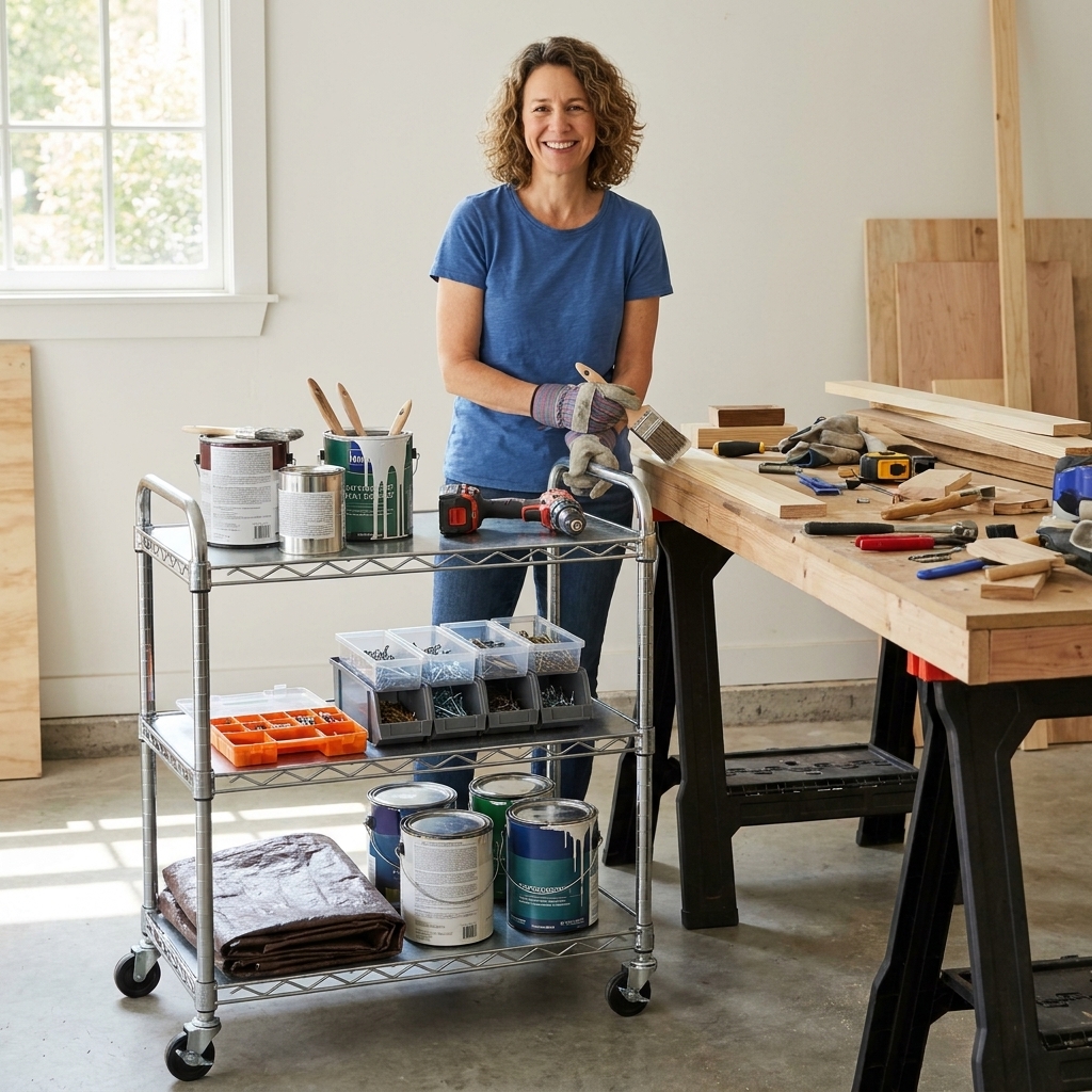 A three-tier rolling utility cart in a garage holding paint supplies, a drill, and small organizers, parked beside a workbench