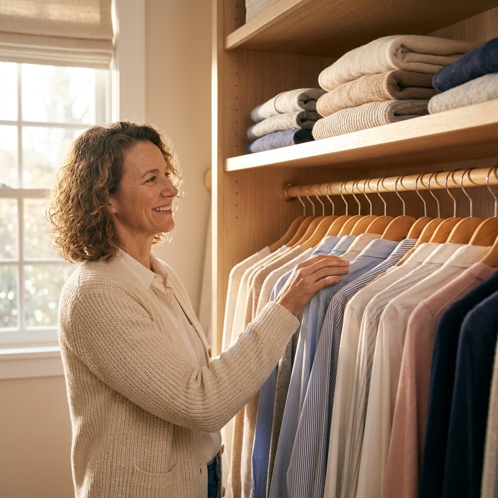 A tidy closet with evenly spaced hangers and a few folded items on a shelf, with soft light coming through a nearby window.
