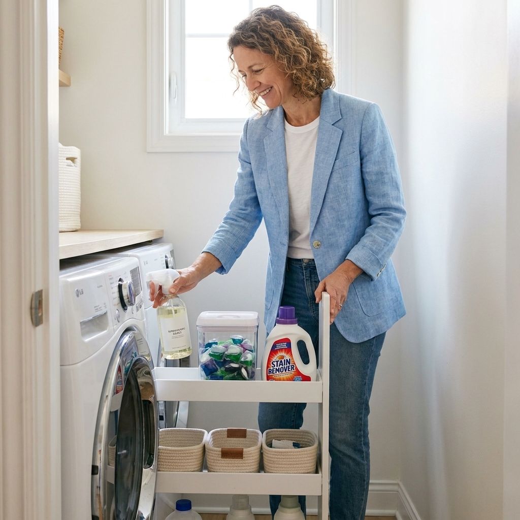 A tight laundry nook with a slim rolling cart between the washer and a wall, stocked with detergent pods, stain spray, and small storage bins