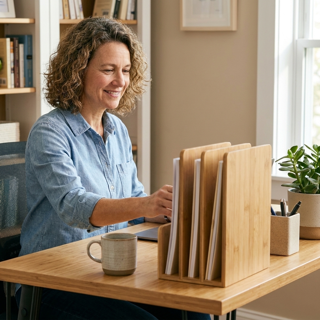 A vertical file organizer on a home office desk holding a few thin stacks of papers in separate slots