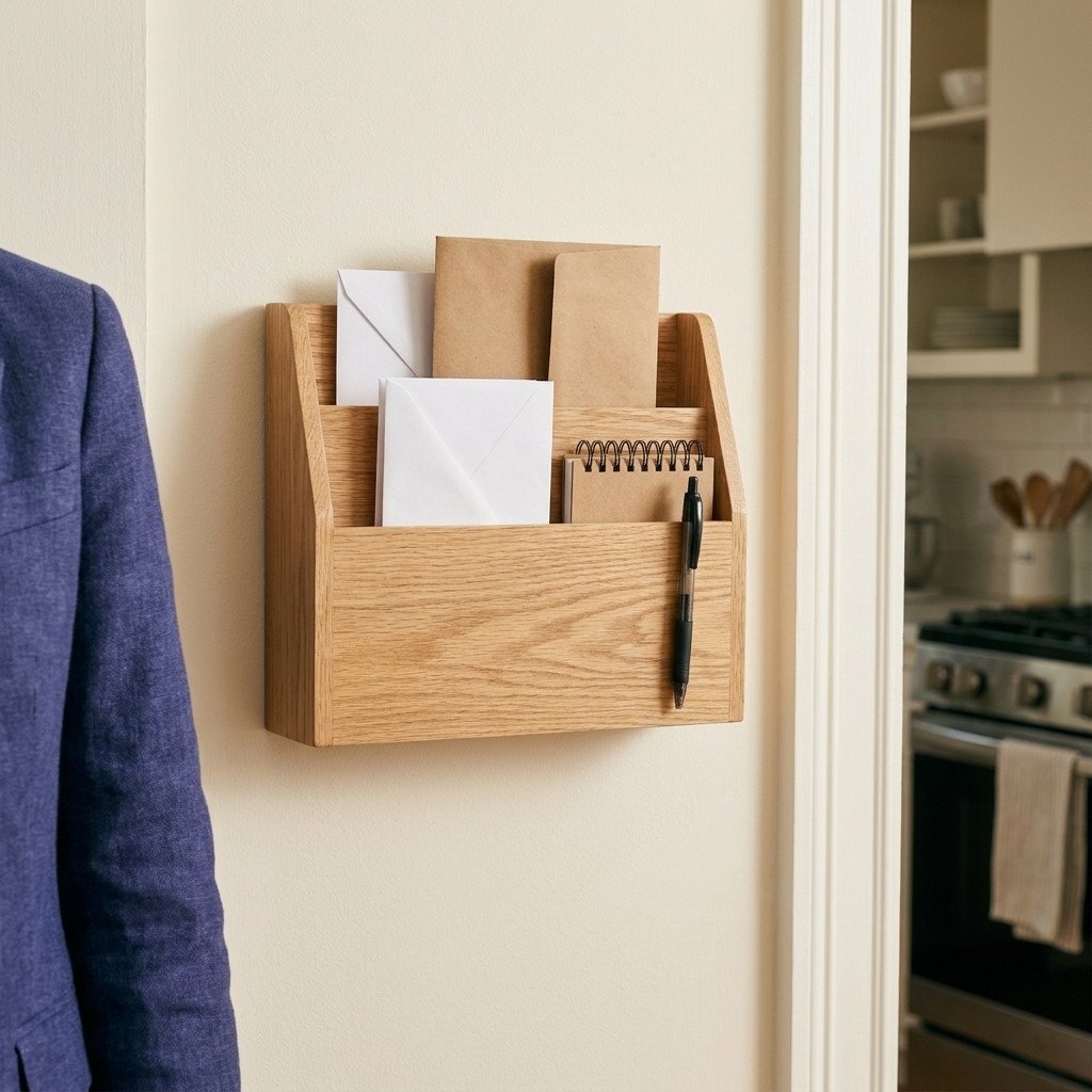 A wall-mounted mail sorter near a kitchen entry holding a few envelopes and a small notepad, tidy and realistic