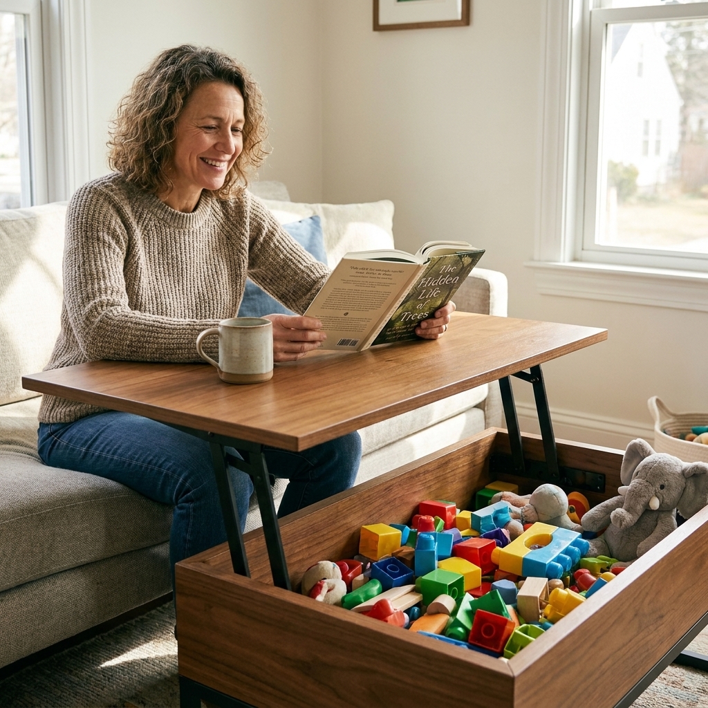A wood lift-top coffee table raised open in a family living room, showing toys stored inside while the surface holds a mug and book