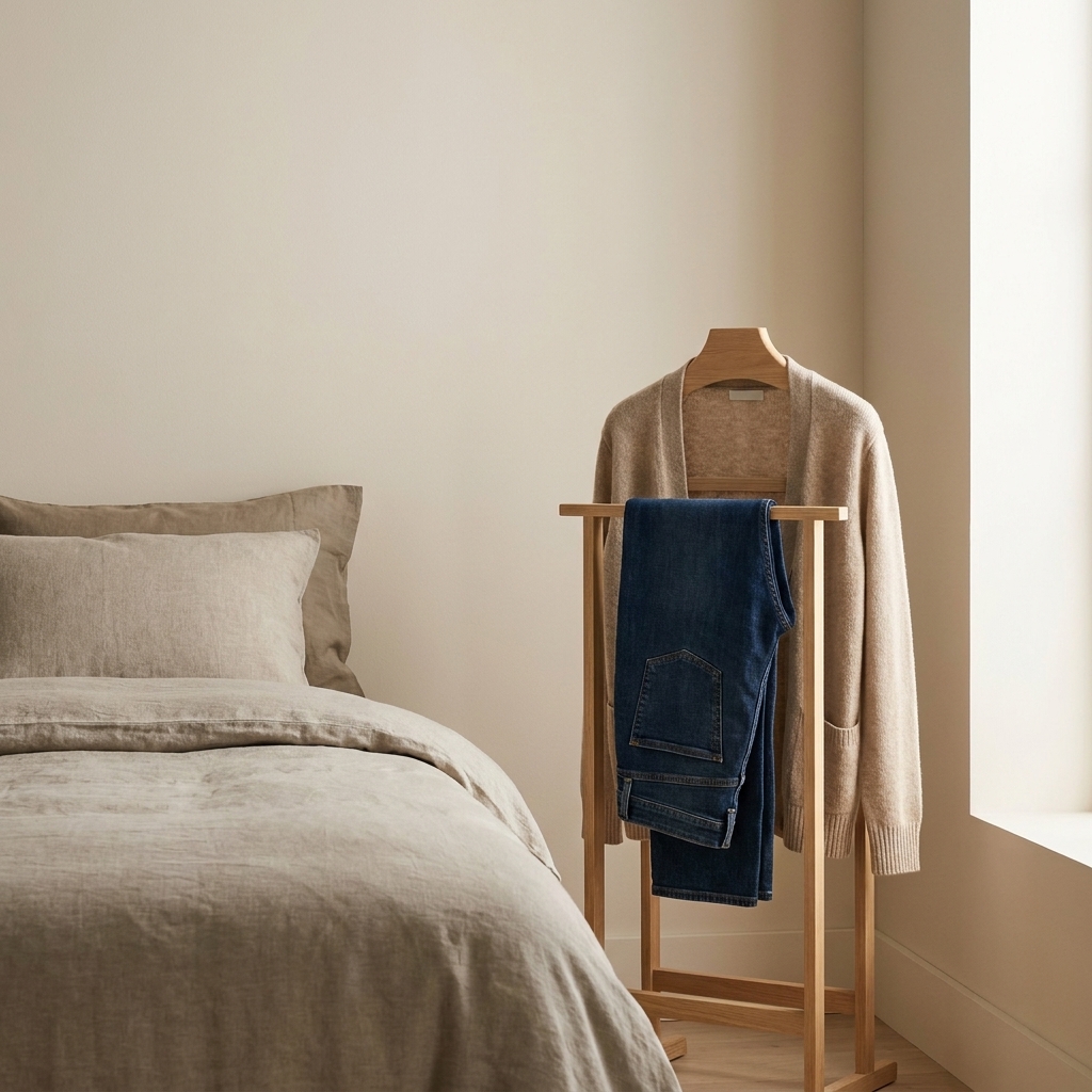 A wooden valet stand beside a bed holding a pair of jeans and a cardigan, tidy and minimal