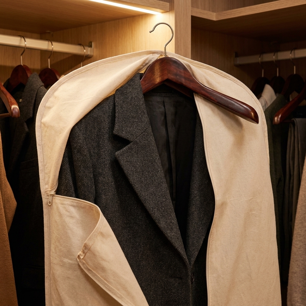 A wool winter coat hanging in a breathable cotton garment bag inside a closet with a sturdy wooden hanger visible