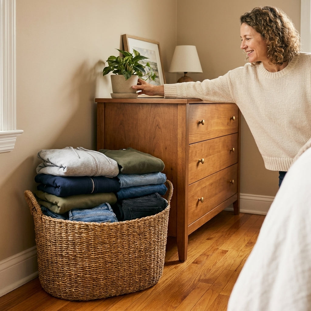 A woven basket in a bedroom corner holding a small stack of hoodies and jeans, next to a dresser