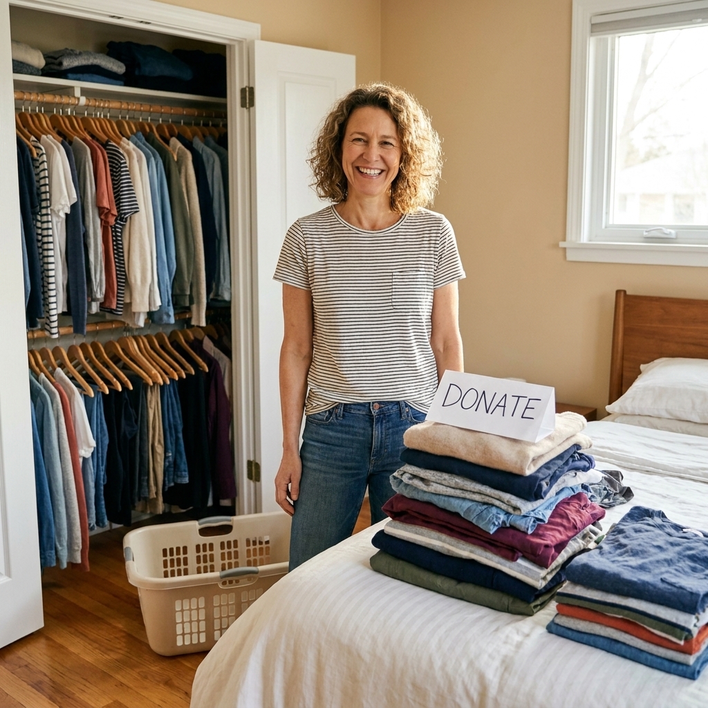 An open bedroom closet with clothes on hangers, a pile of folded donate clothing on the bed, and an empty laundry basket on the floor