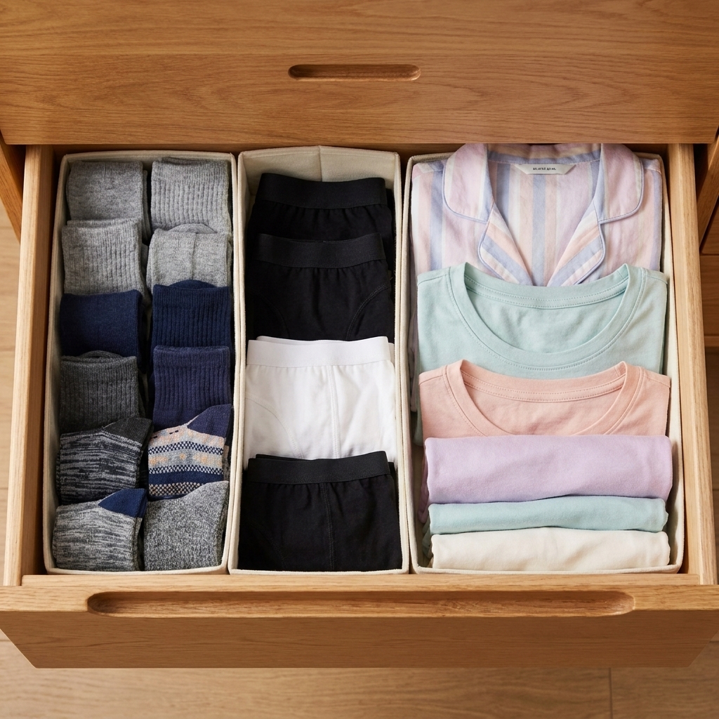 An open dresser drawer with simple dividers separating socks, underwear, and folded sleepwear in neat rows