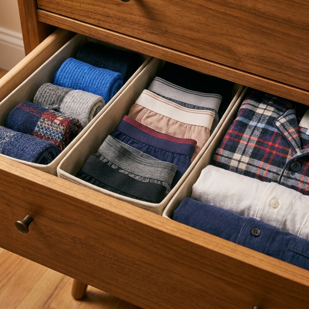 An open dresser drawer with simple dividers separating socks, underwear, and pajamas in neat sections